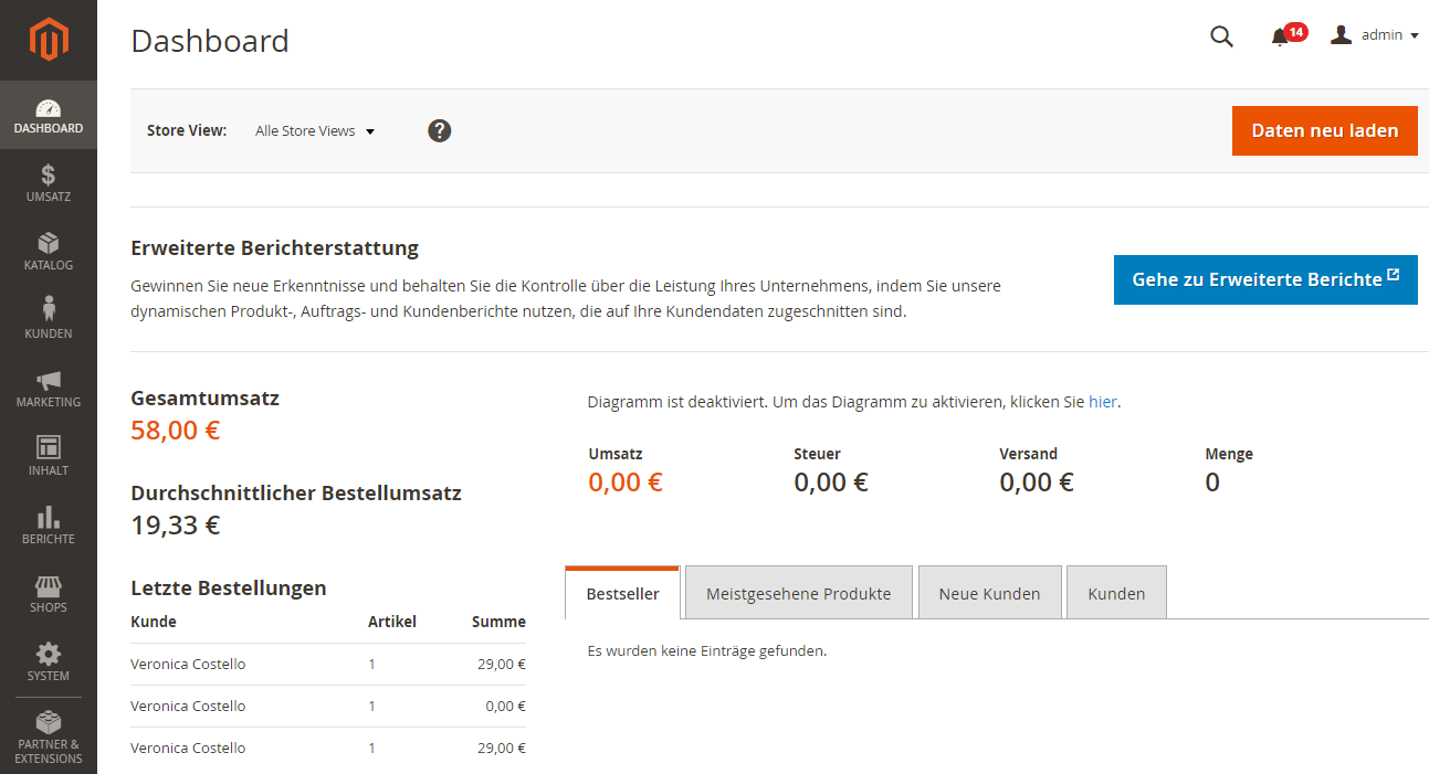 Beispiel für das Magento 2 Backend