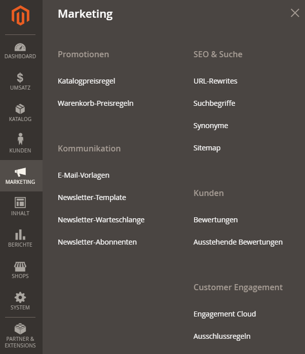 Magento Navigation - Shopeinstellungen