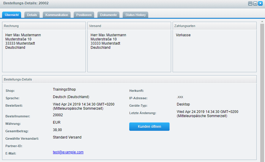 Bestelldetails von einer Bestellung