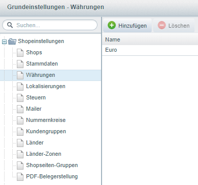 Währungseinstellung in den Optionen