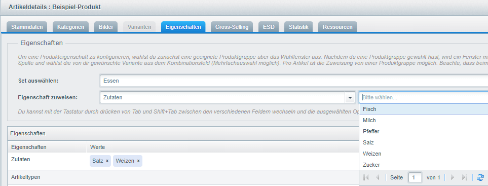 Eigenschafts-Seite bei der bearbeitung eines Artikels