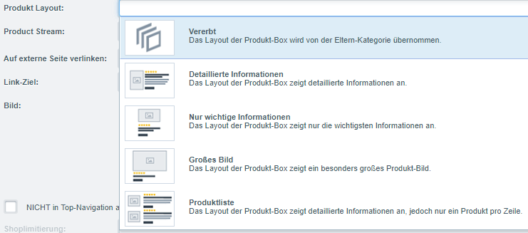 Auswahlfenster der verfügbaren Produkt-Layouts