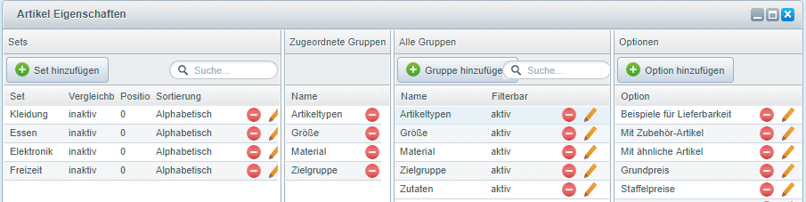 Tabellenansicht der Artikel-Eigenschaften