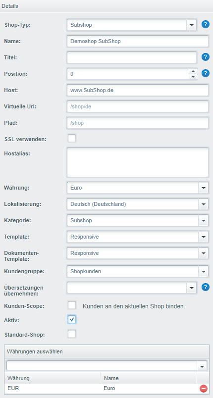 Detailseite eines Subshops