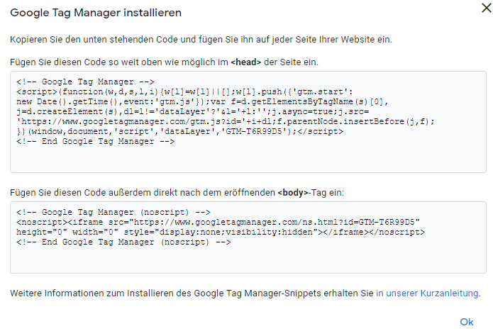 Code des Google Tag Managers