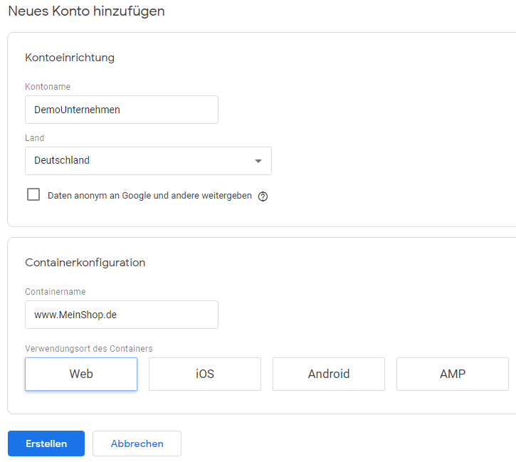 Erstellen eines Konto bei Google Tag Manager