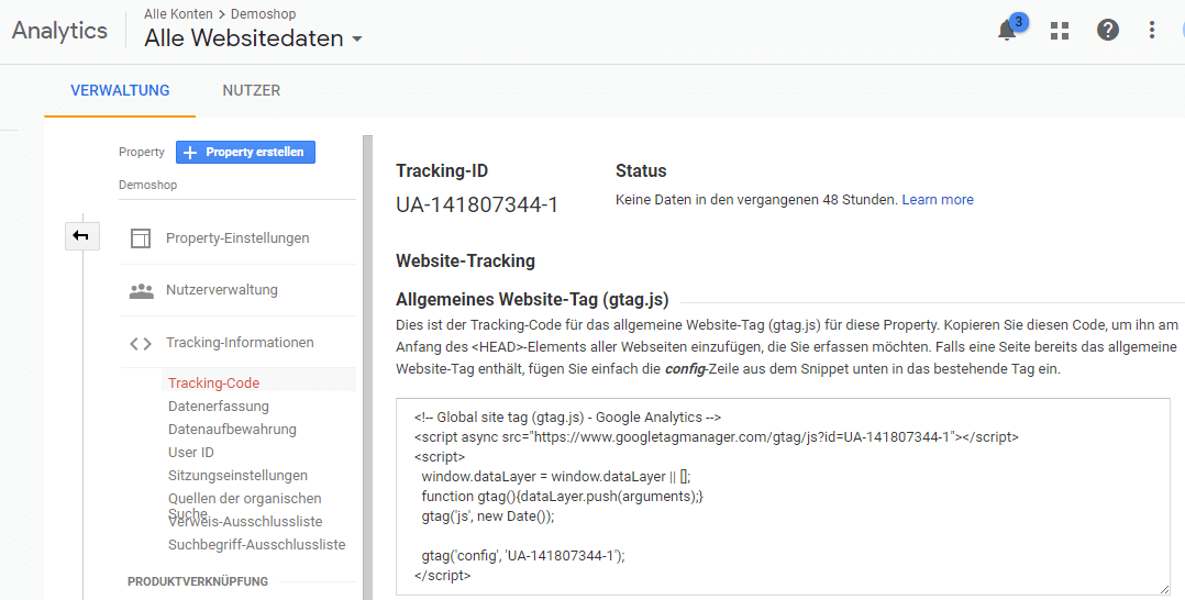 Die Tracking ID von Google Analytics nach dem Registrieren