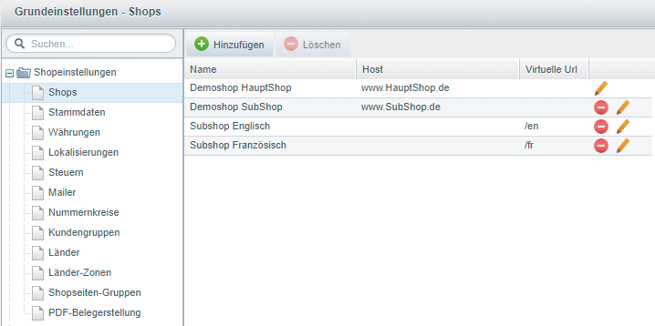 Ein Beispiel mehrerer Shops in den Shopeinstellungen