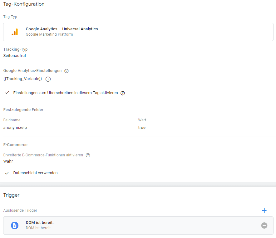 Zusammenfassung für den Google Analytics Tag