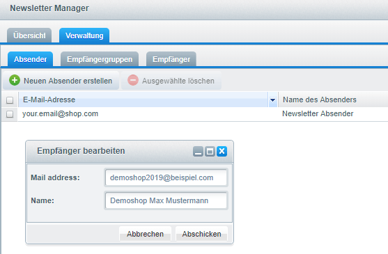 Shopware 5, Hinzufügen eines Empfängers Newsletter