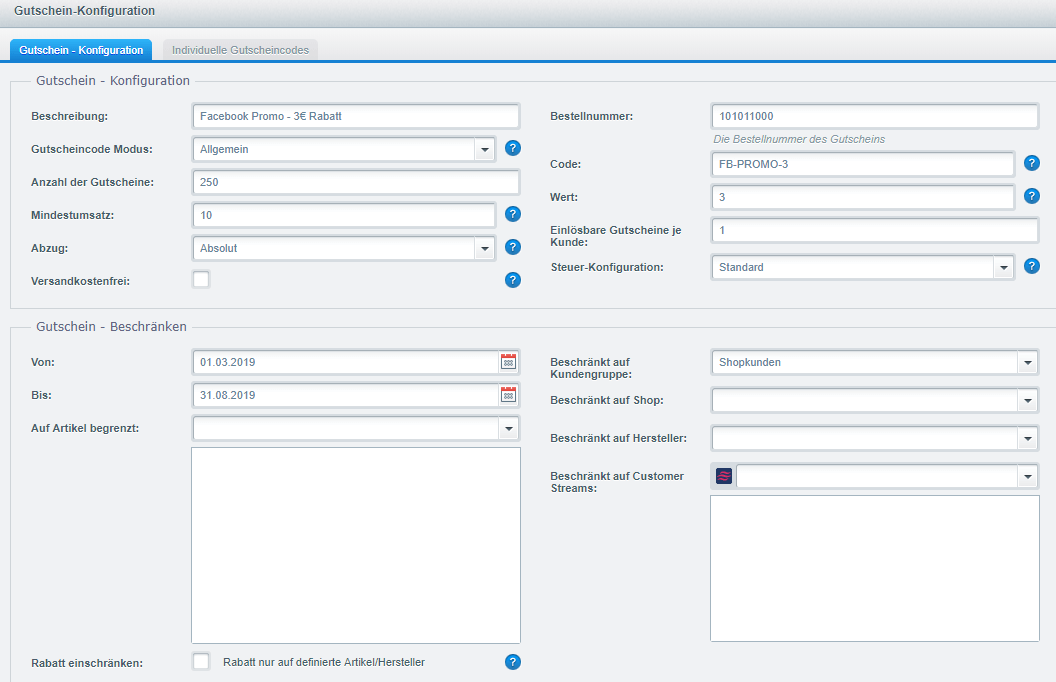 Beispiel für einen allgemeinen Gutschein, absoluter Wert