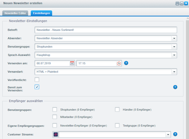 Einstellungen für den Newsletter