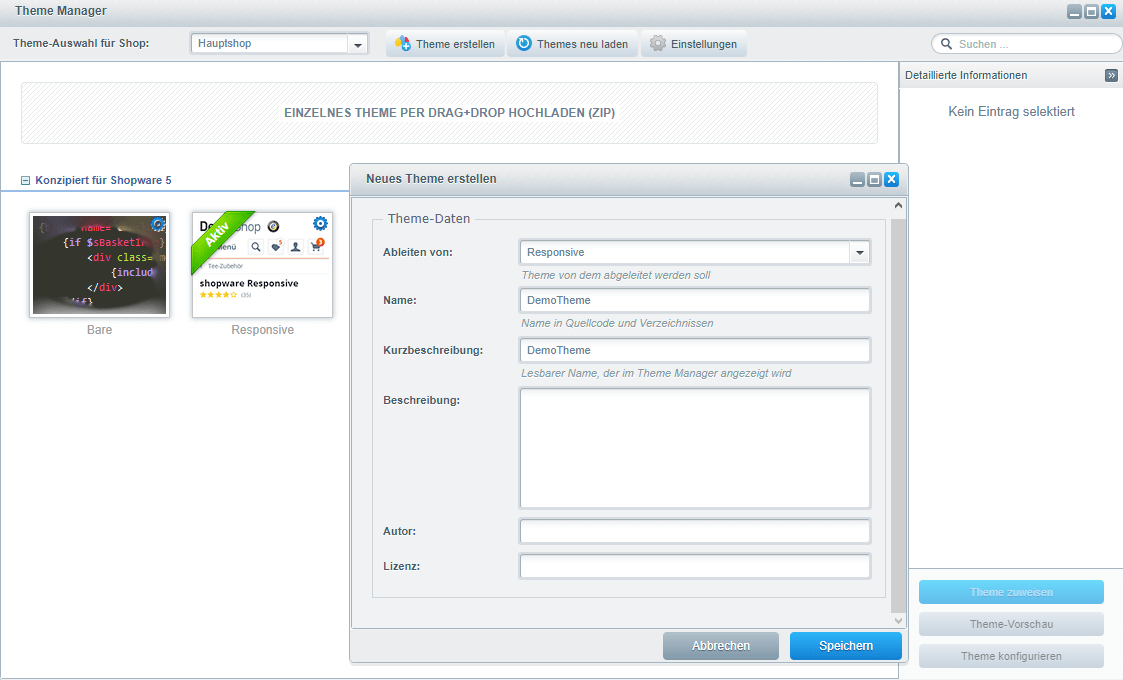 Bild des Theme Managers in Shopware