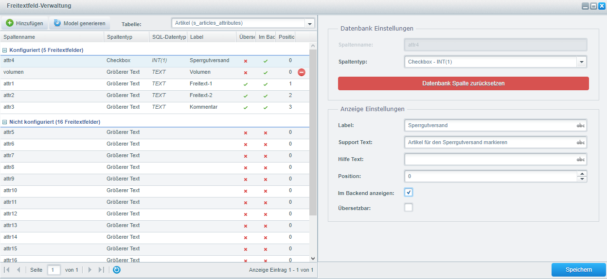 Übersicht für die Freitextfeld-Verwaltung