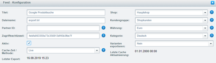 Allgemeine Bearbeitungsdaten für den Produktexport