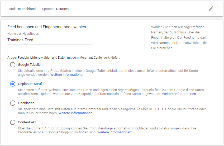 Einstellungen für den Google Merchant Feed