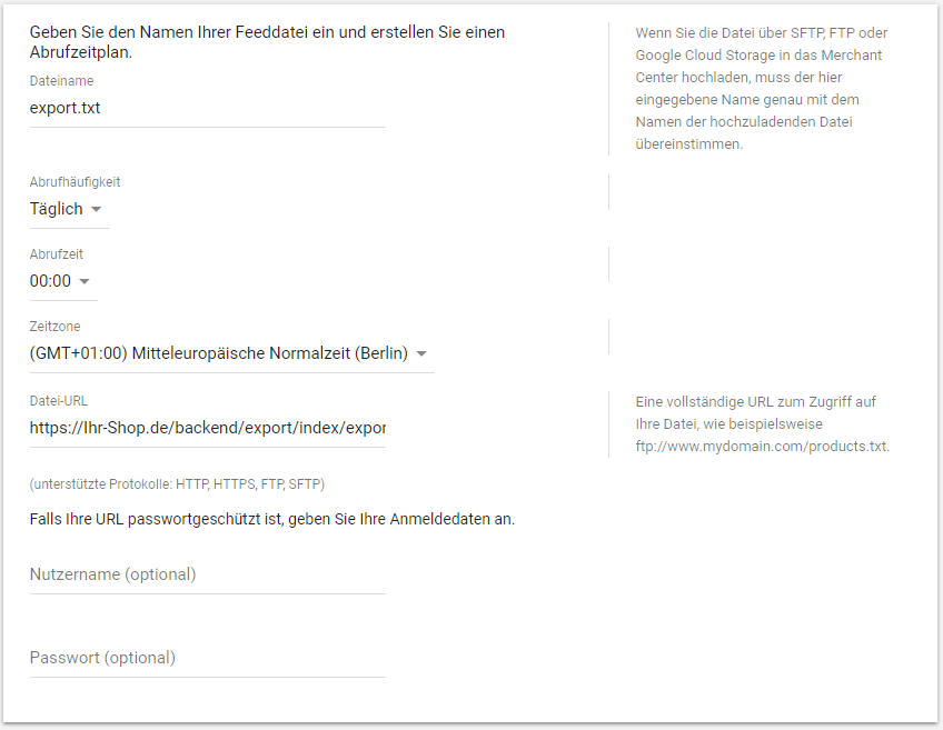 Weitere Einstellungen im Feed