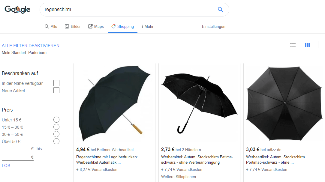 Beispiel für die Google Shopping Seite