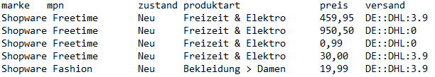 Beispiel 2 für Produktexport