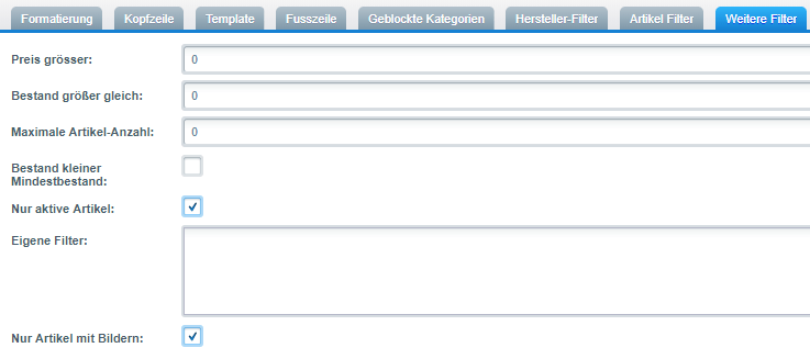 Filtereinstellungen für den Produktexport
