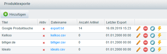 Fenster in Shopware für Produktexporte